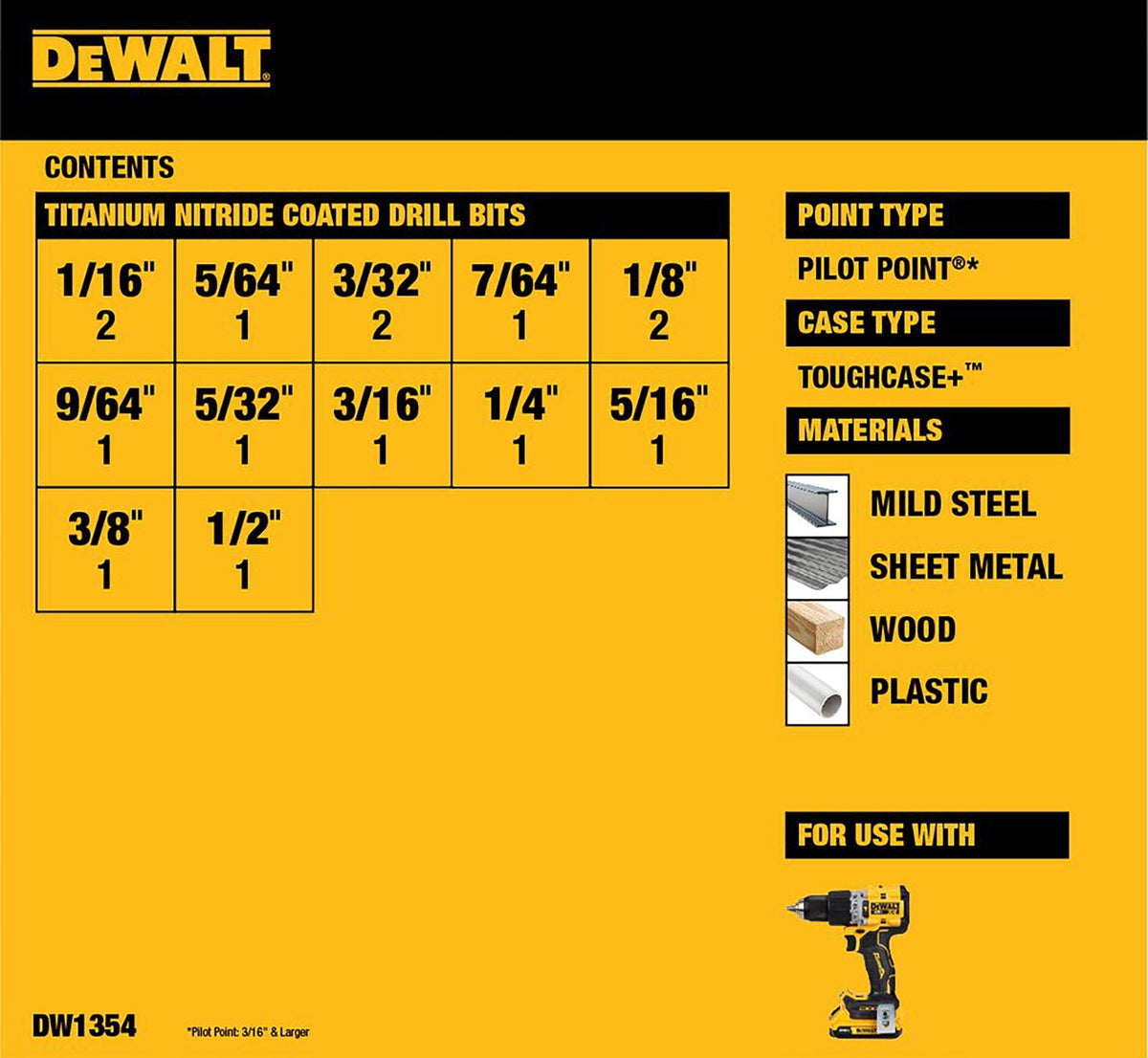 DEWALT 14-Piece Assorted Titanium Twist Drill Bit Set, Pilot Point, ToughCase+ (DW1354)