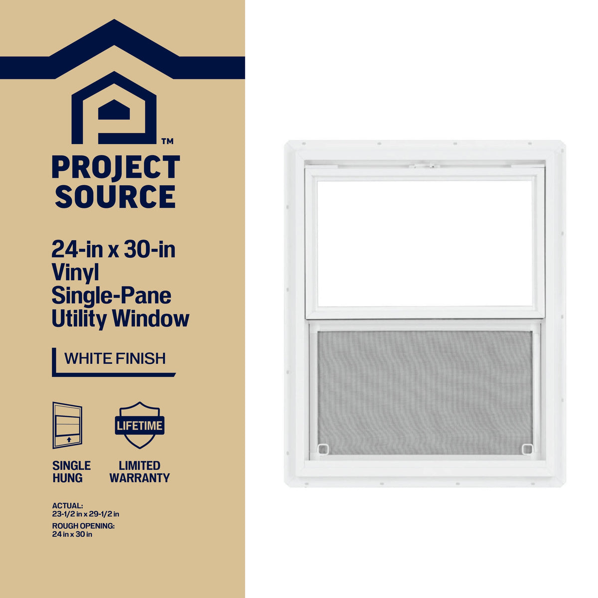 Project Source 20000S Series New Construction 23-1/2-in x 29-1/2-in x 2-1/4-in Jamb White Vinyl Single-Pane Single-Hung Window, Half Screen Included