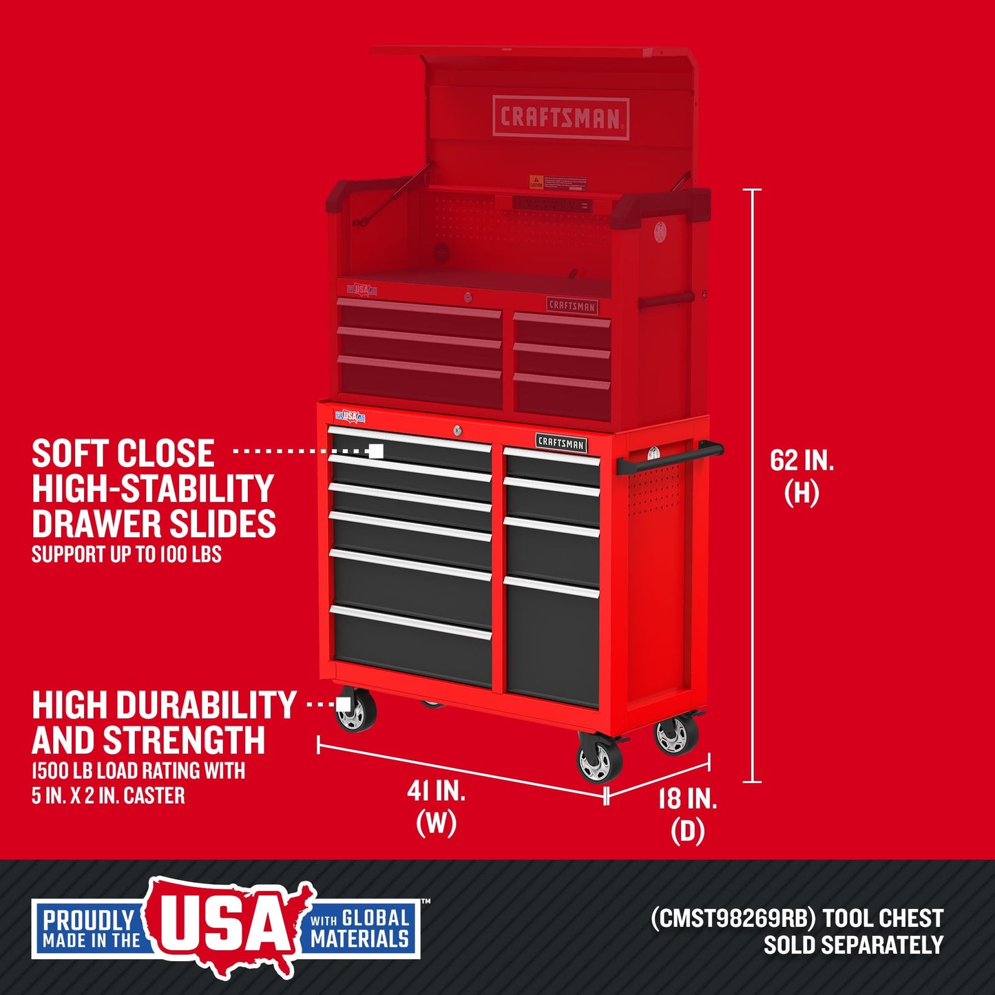CRAFTSMAN 2000 Series 41-Inch 10-Drawer Steel Rolling Tool Cabinet - Red