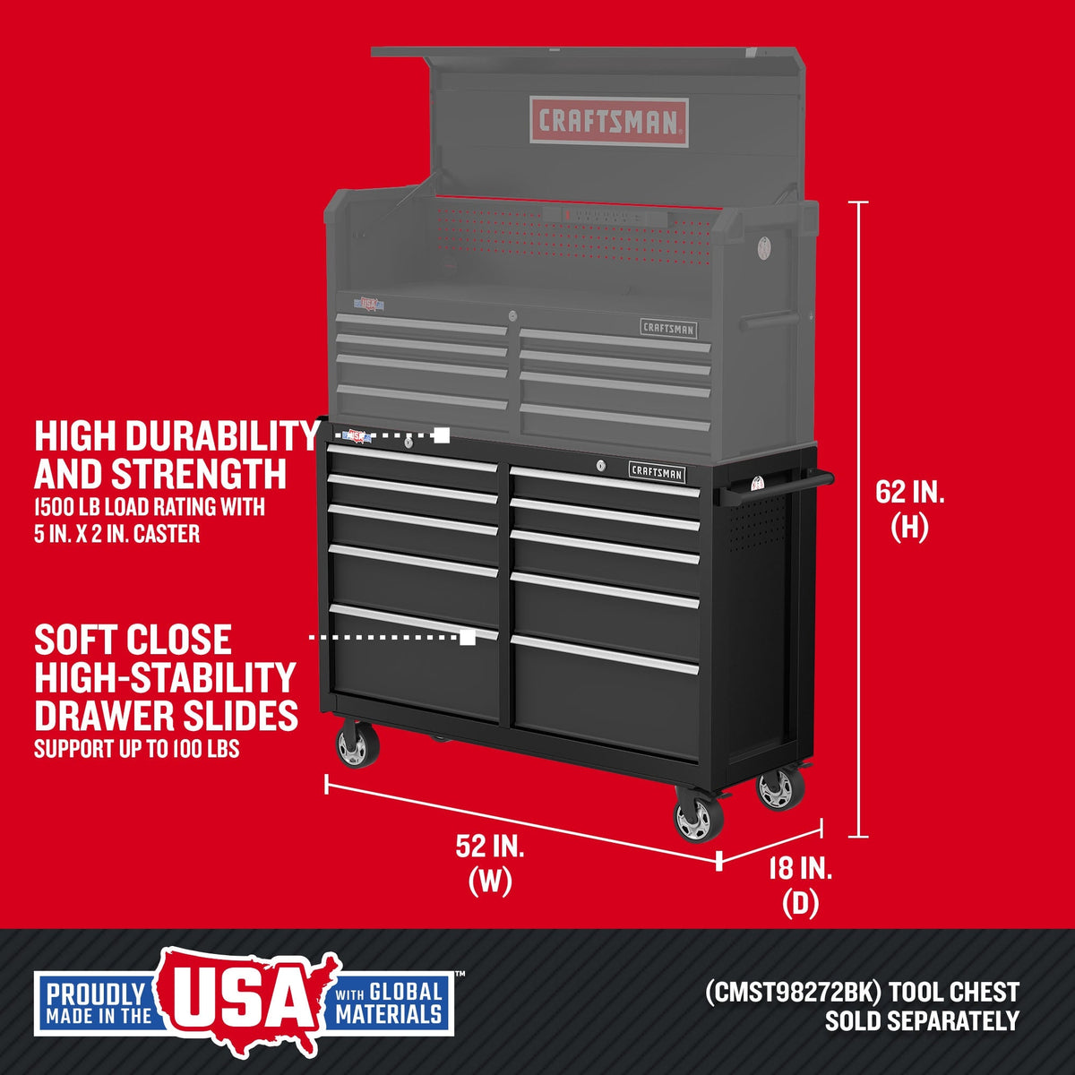 CRAFTSMAN 2000 Series 10-Drawer Steel Rolling Tool Cabinet, Black
