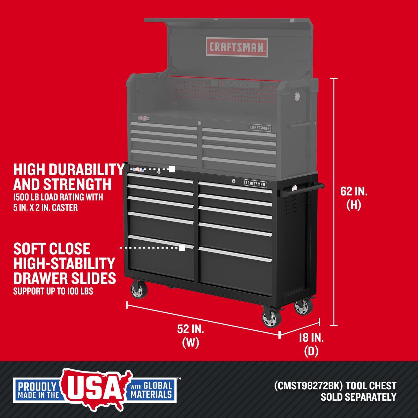 CRAFTSMAN 2000 Series 10-Drawer Steel Rolling Tool Cabinet, Black