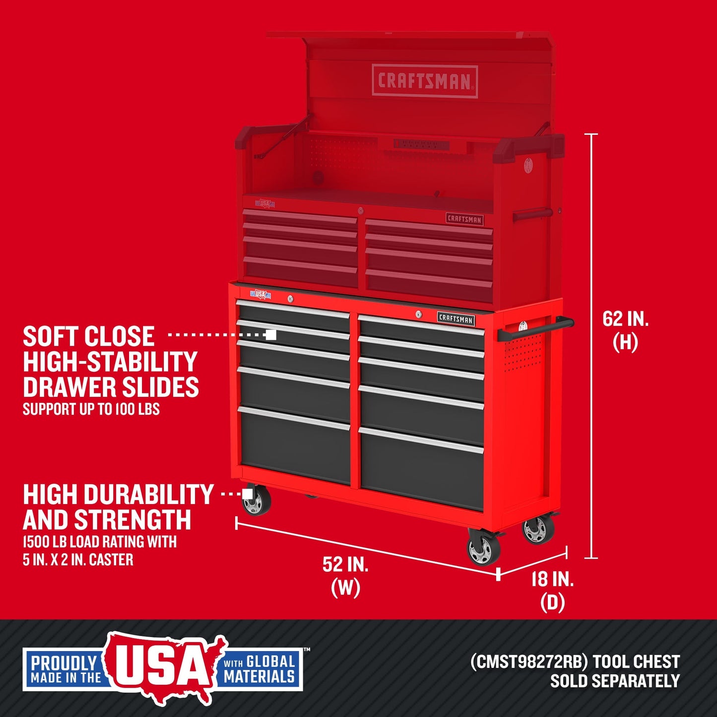 CRAFTSMAN 2000 Series 52-Inch 10-Drawer Steel Rolling Tool Cabinet - Red