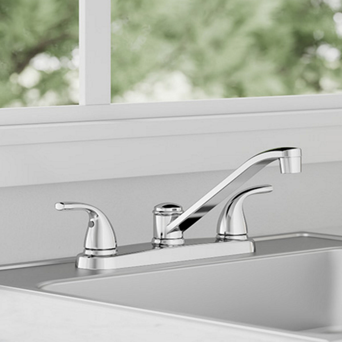 Project Source Dover Chrome 2-Handle Deck-Mount Low-Arc Kitchen Faucet with Deck Plate