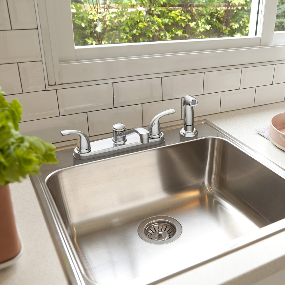 Project Source Dover Chrome 2-Handle Low-Arc Deck-Mount Kitchen Faucet with Side Sprayer and Deck Plate