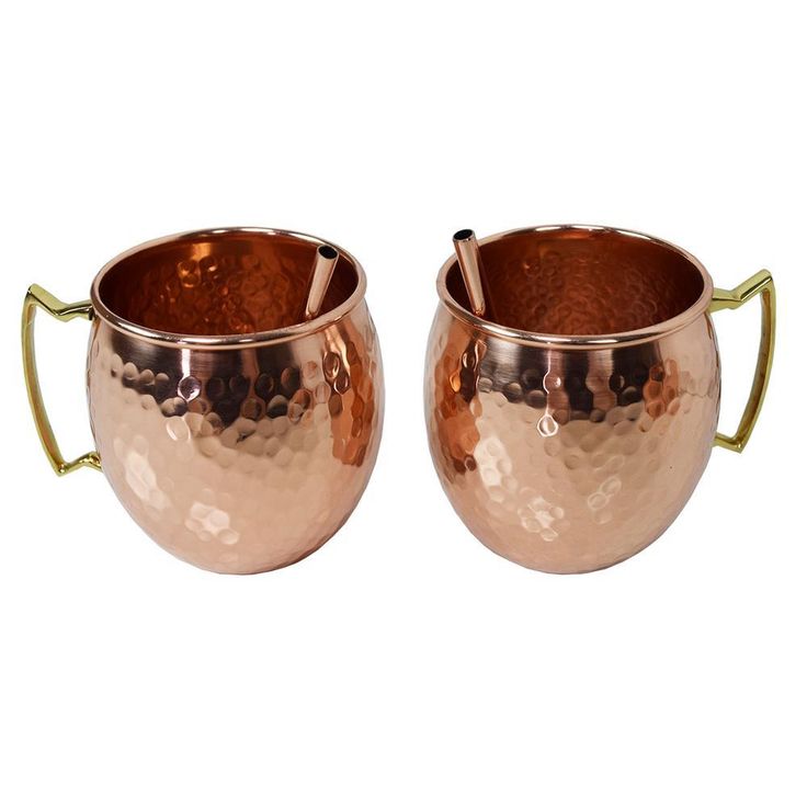 Solid Round Pair of 100% Copper Moscow Mule Mug Cups with Straws 17 oz Hammered Handcrafted 5