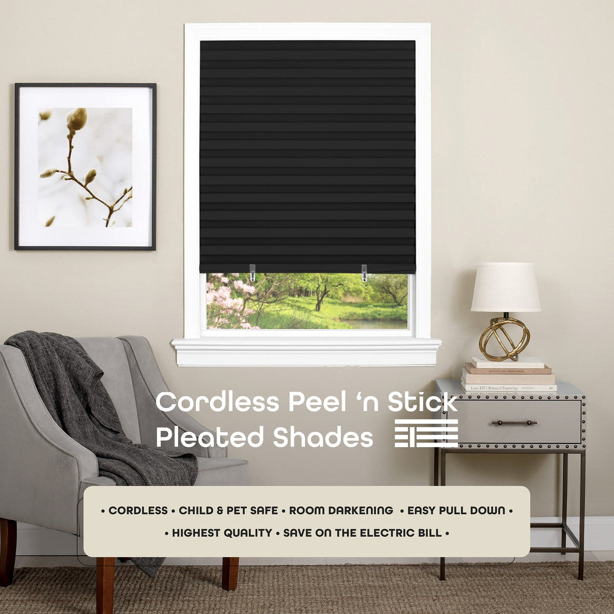 Achim Cordless 1-2-3 Shade, 48 in W x 75 in L, Black Room Darkening Cordless Pleated Temporary Shade