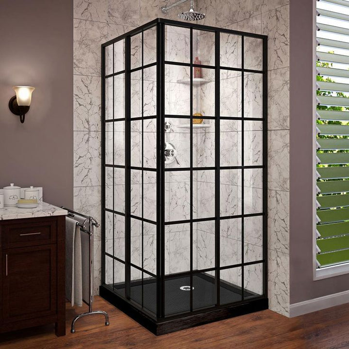 DreamLine French Corner 36 in. W x 36 in. D x 74.75 in. H Framed Shower Enclosure and Shower Base Kit in Satin Black