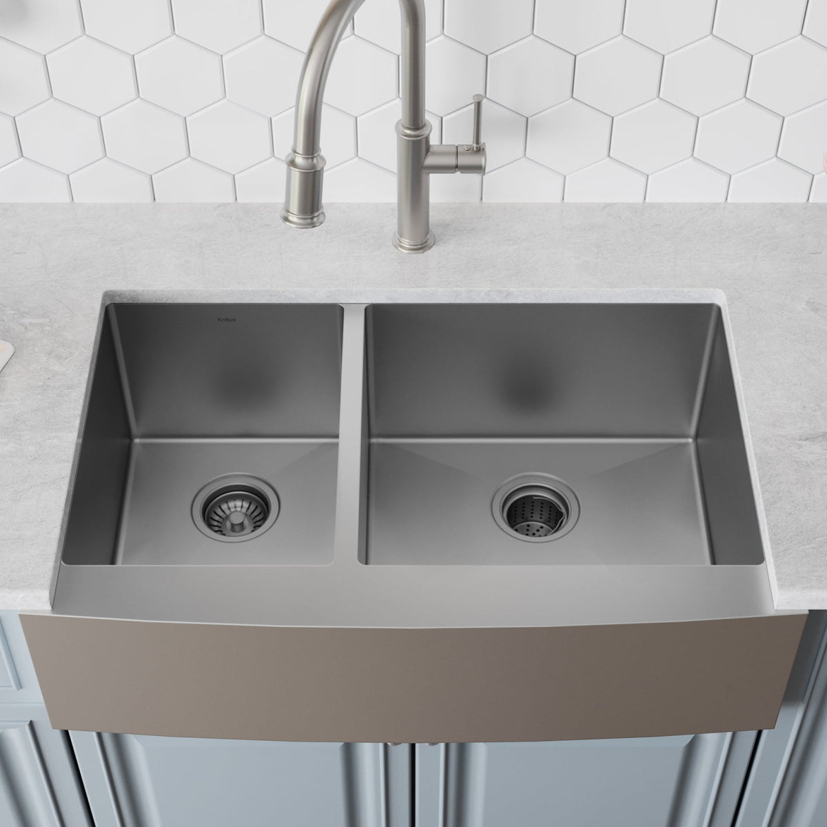 Kraus Standart PRO 33-in x 21-in Stainless Steel Double Offset Bowl, Tall Apron (8-in+) Undermount Farmhouse Kitchen Sink