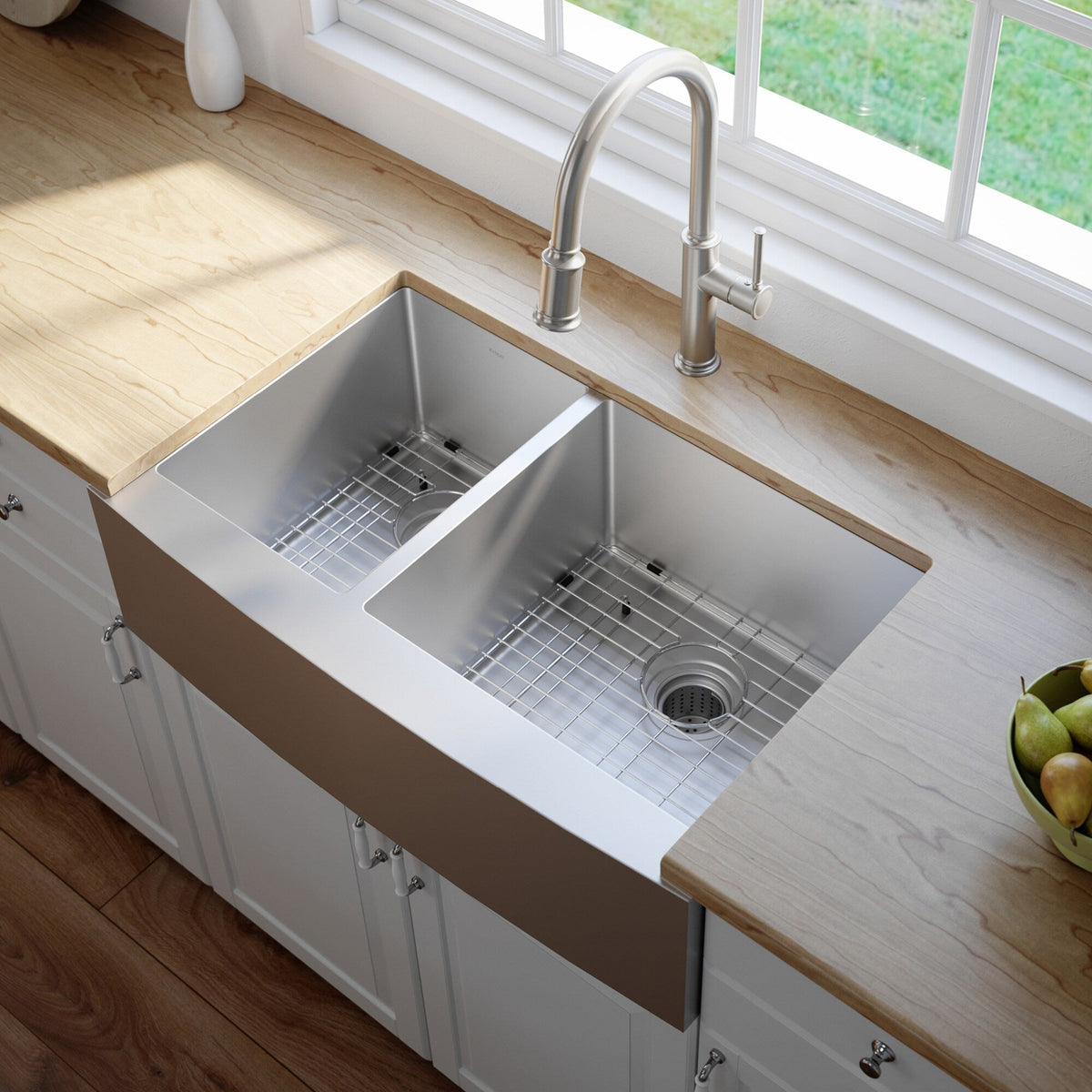 Kraus Standart PRO 33-in x 21-in Stainless Steel Double Offset Bowl, Tall Apron (8-in+) Undermount Farmhouse Kitchen Sink