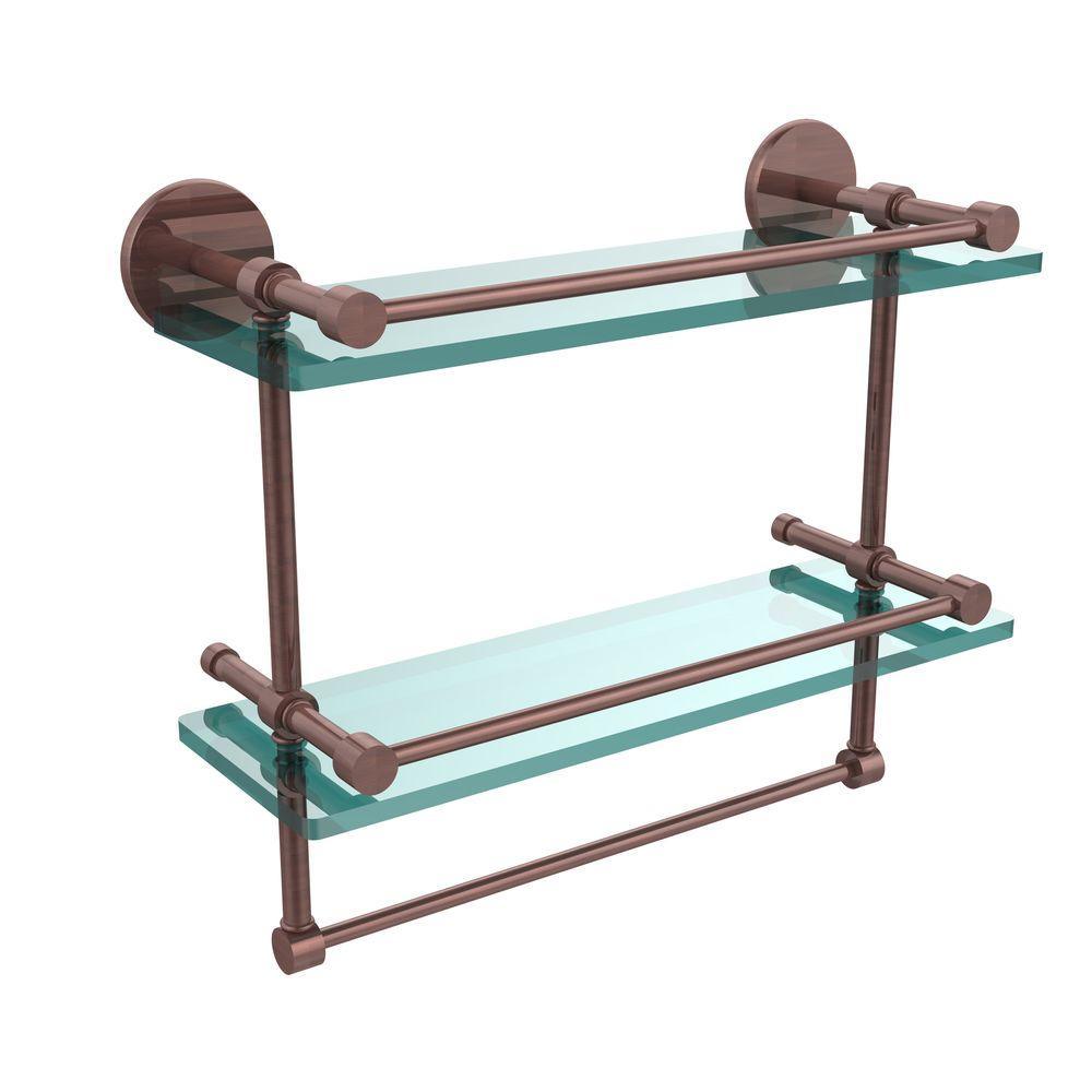 16 in. L  x 12 in. H  x 5 in. W 2-Tier Gallery Clear Glass Bathroom Shelf with Towel Bar in Matte Black - Super Arbor