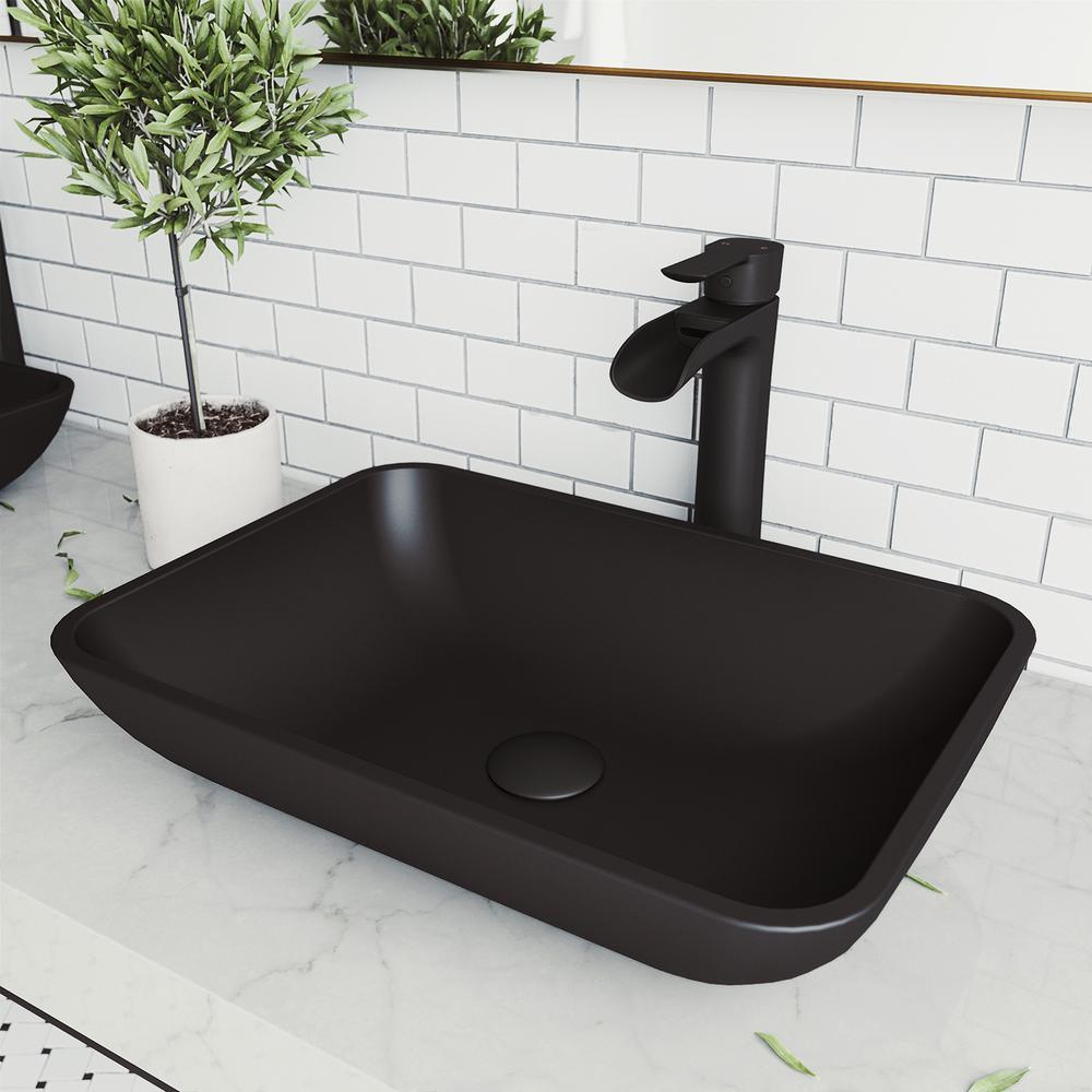 Sottile Glass Vessel Bathroom Sink in Black with Niko Faucet in Matte Gold - Super Arbor