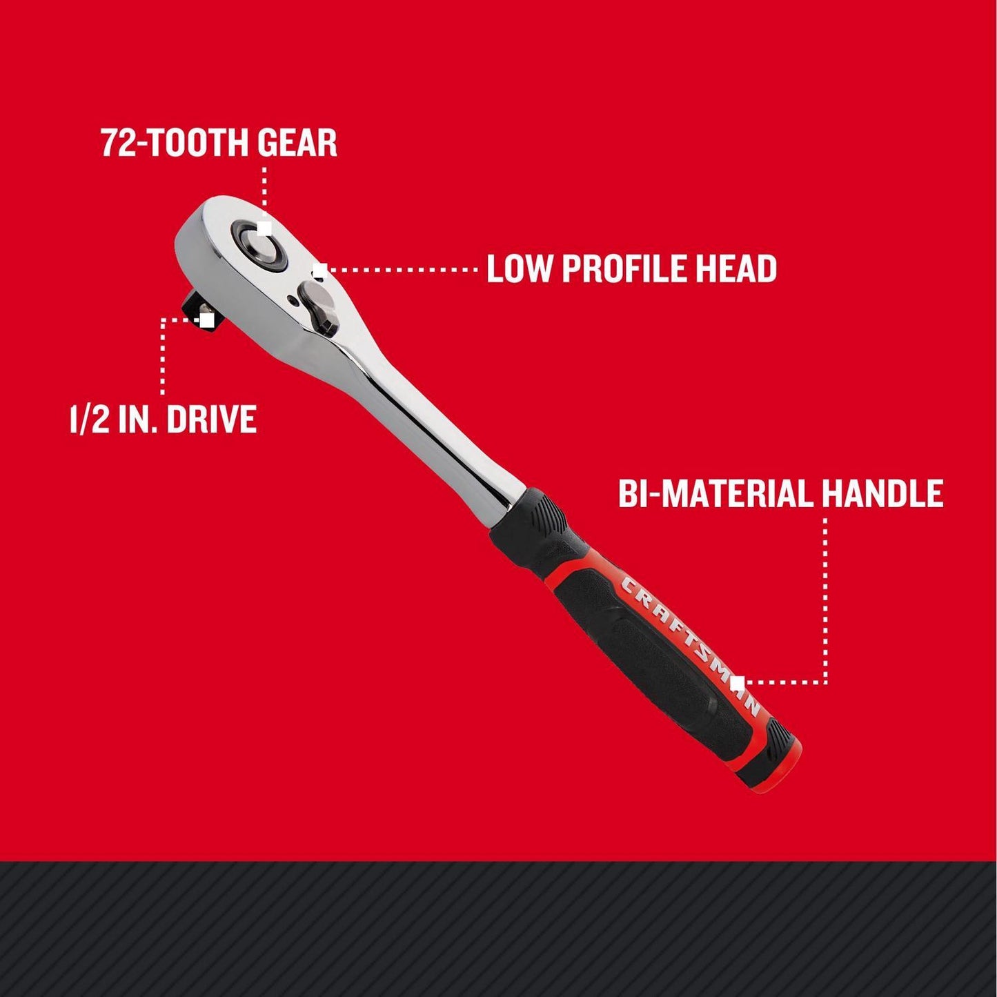 Craftsman Low Profile 1/2 in. Drive Bi-Material Ratchet, 72 Teeth
