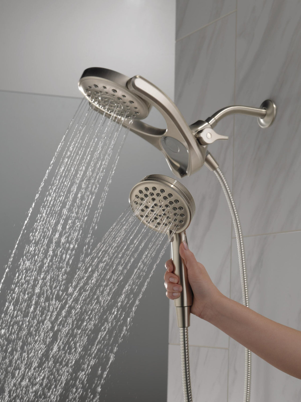 Delta HydroRain SpotShield Brushed Nickel 4-Spray Two-in-One Dual Shower Head, 2.5 GPM (9.5 LPM), 6-in Raincan, 60-in Hose