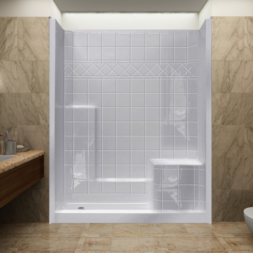 Ella Standard 60 in. x 33 in. x 77 in. 1-Piece Low Threshold Shower Stall in Biscuit with Left-Hand Seat and Right Drain