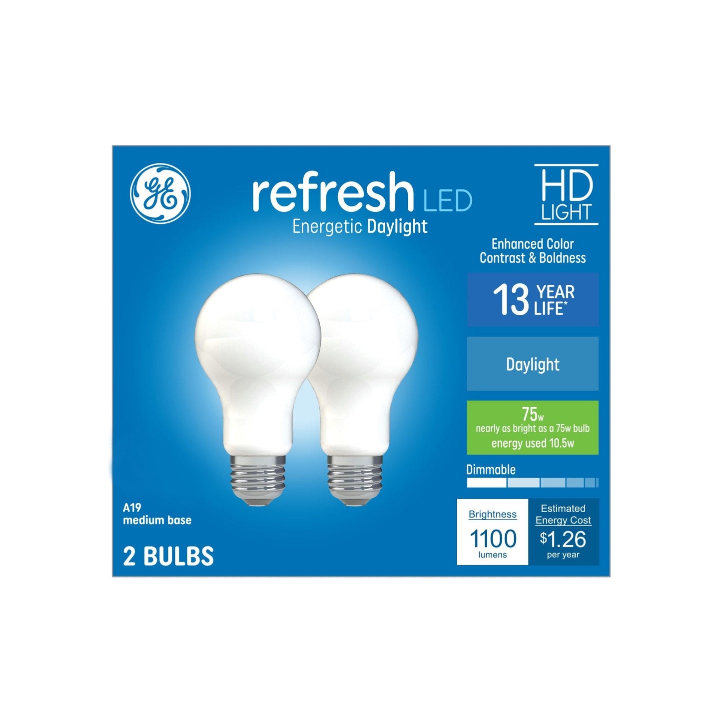 GE Refresh HD 75-Watt Equivalent A21 Daylight Dimmable LED Light Bulb, Medium Base E26, 1100 Lumens, 2-Pack