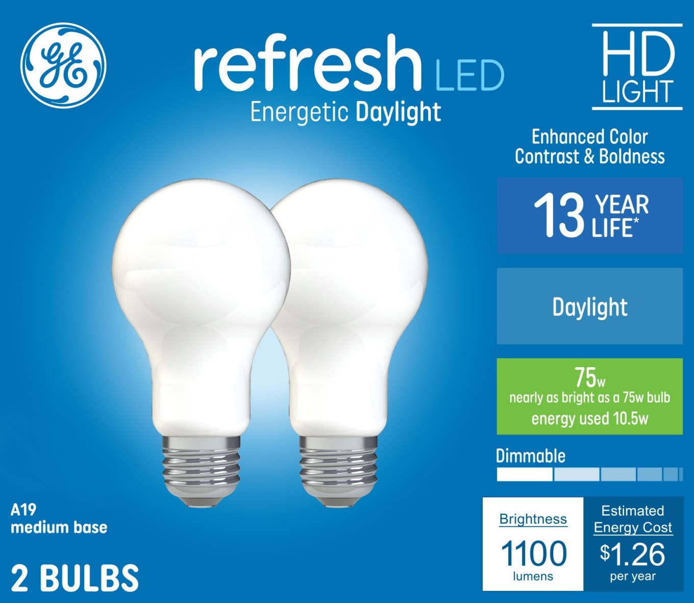 GE Refresh HD 75-Watt Equivalent A21 Daylight Dimmable LED Light Bulb, Medium Base E26, 1100 Lumens, 2-Pack