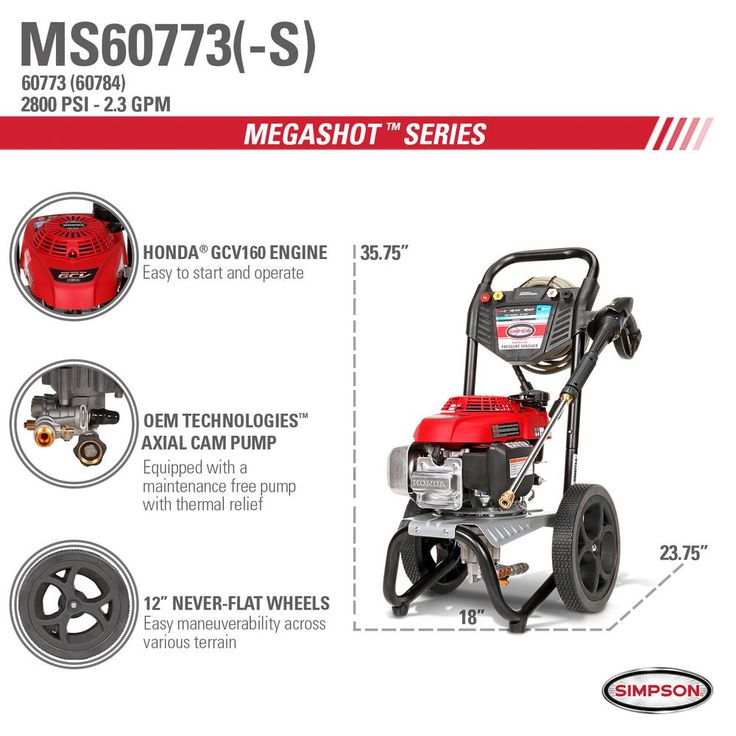 Simpson SIMPSON MegaShot MS60773-S 2800 PSI at 2.3 GPM HONDA GCV160 Cold Water Pressure Washer