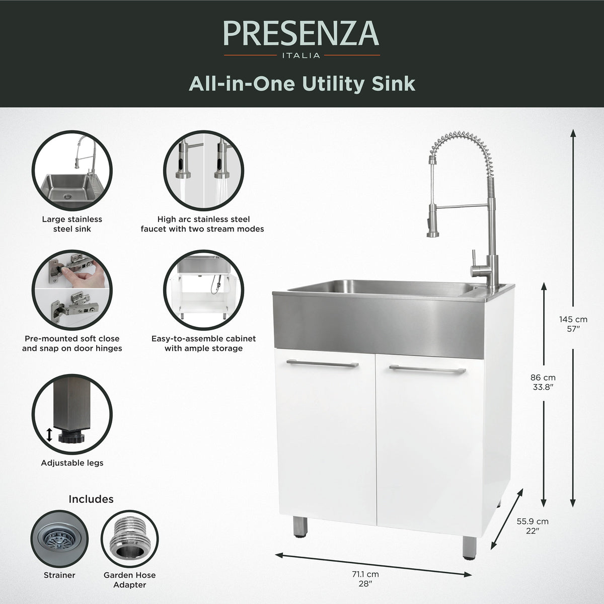 Presenza Brushed Steel Utility Tub with Faucet and Cabinet