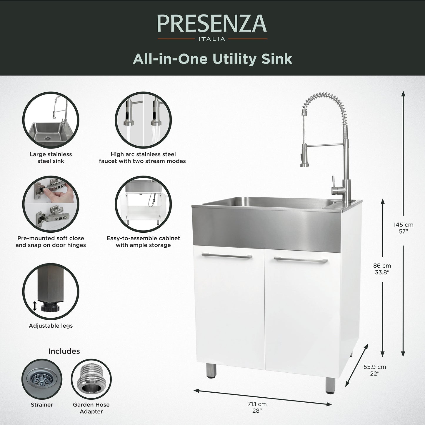 Presenza Brushed Steel Utility Tub with Faucet and Cabinet