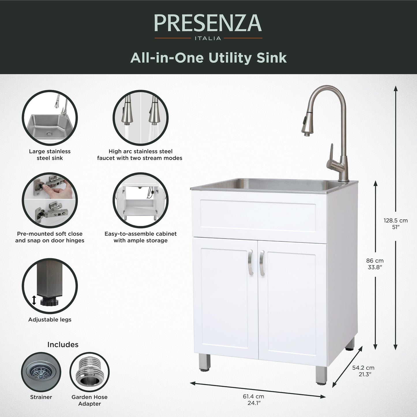 Presenza Brushed Steel Utility Tub with Faucet - 24.1-in x 21.3-in