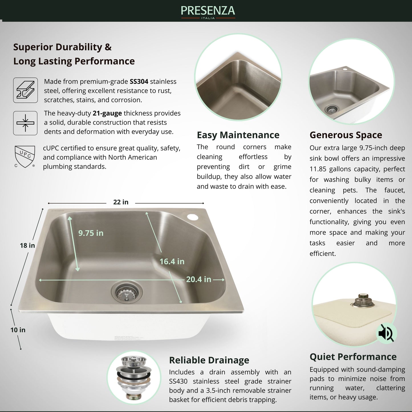 Presenza Brushed Steel Drop-In Utility Tub with Faucet