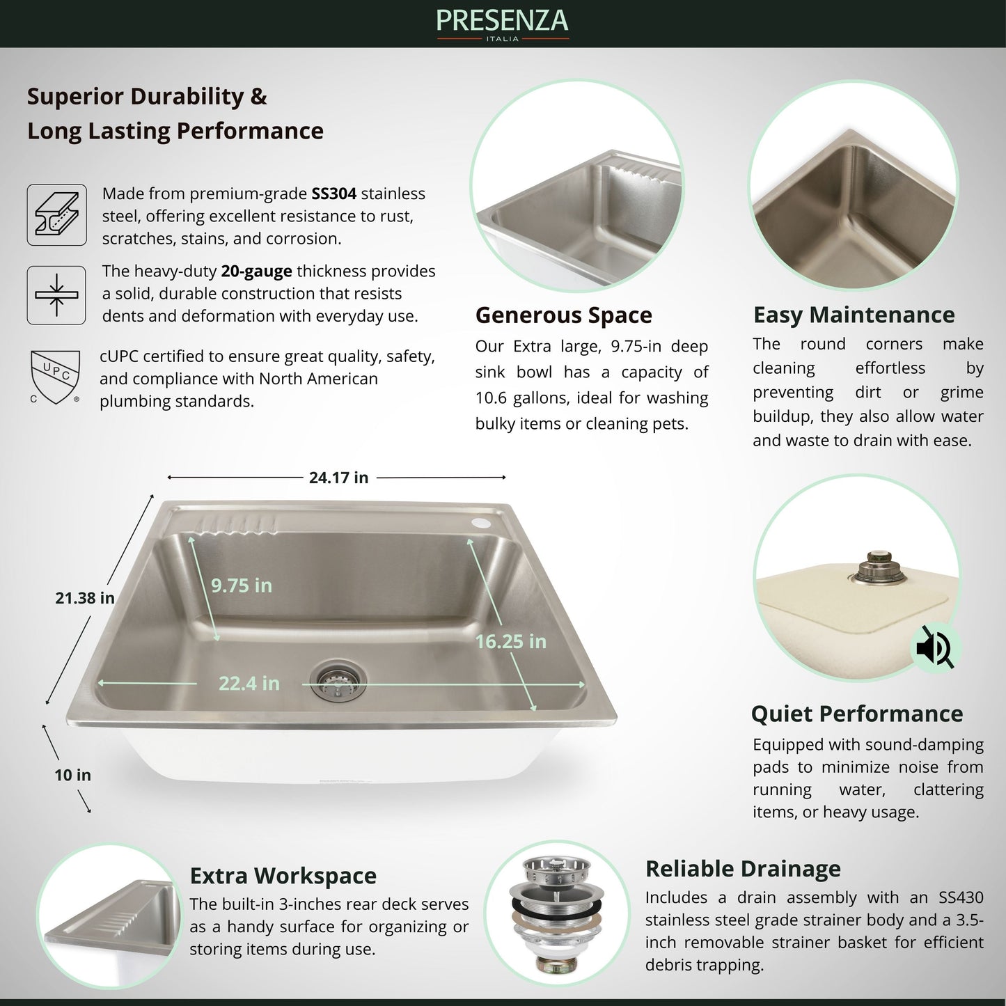Presenza 24.1-in Brushed Steel Drop-In Utility Tub with Faucet