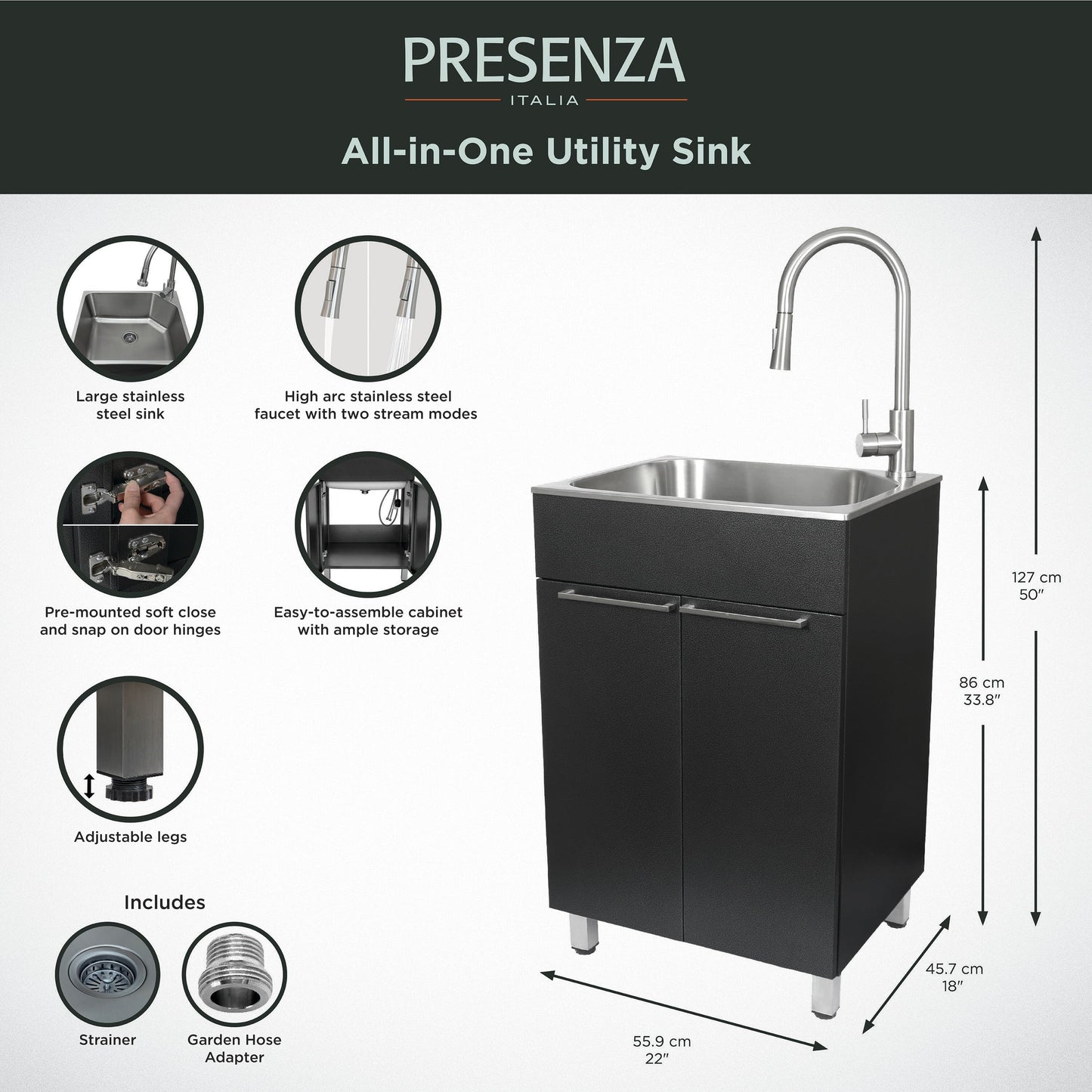 Presenza Brushed Steel Drop-In Utility Tub with Faucet
