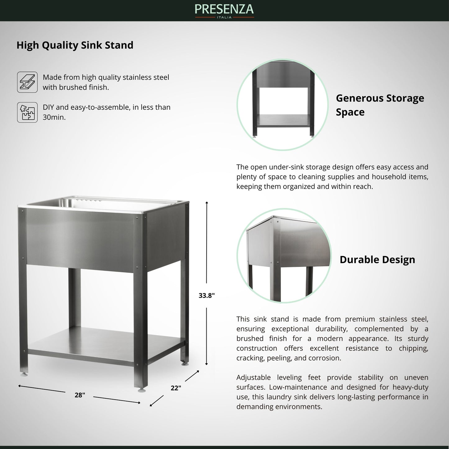 Presenza 24.1-in x 21.3-in Brushed Steel Utility Tub with Faucet