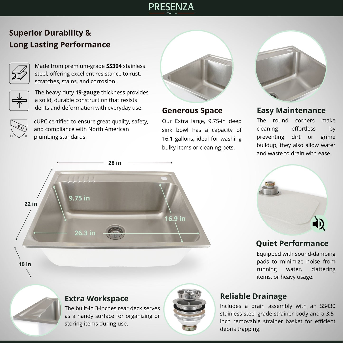 Presenza Brushed Steel Drop-In Utility Tub with Faucet 28x22-Inch