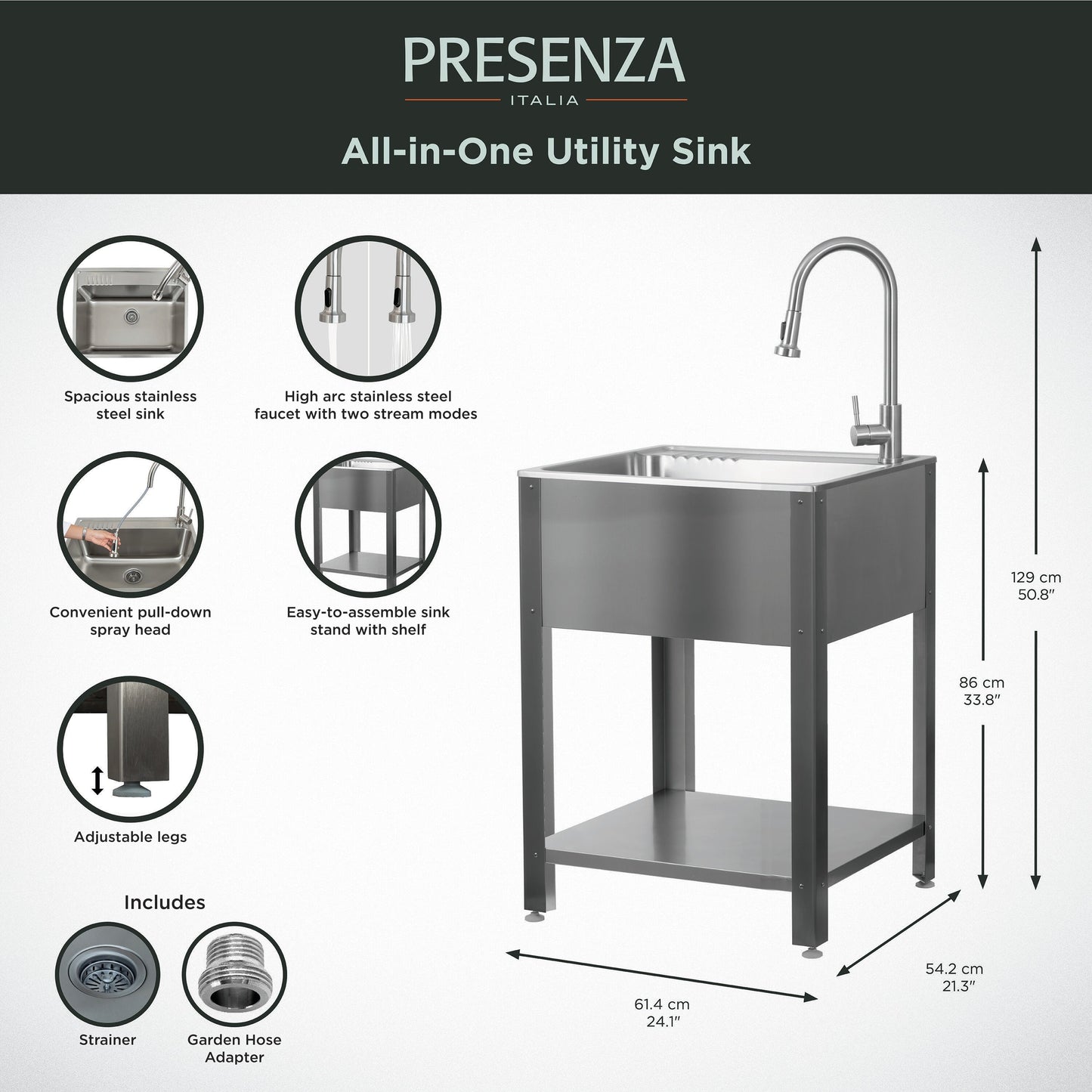 Presenza 24.1-in x 21.3-in Brushed Steel Utility Tub with Faucet