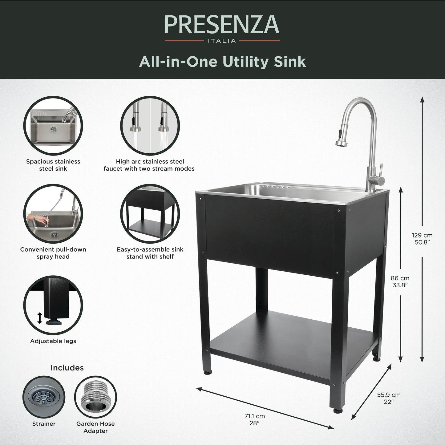 Presenza Brushed Steel Drop-In Utility Tub with Faucet 28x22-Inch