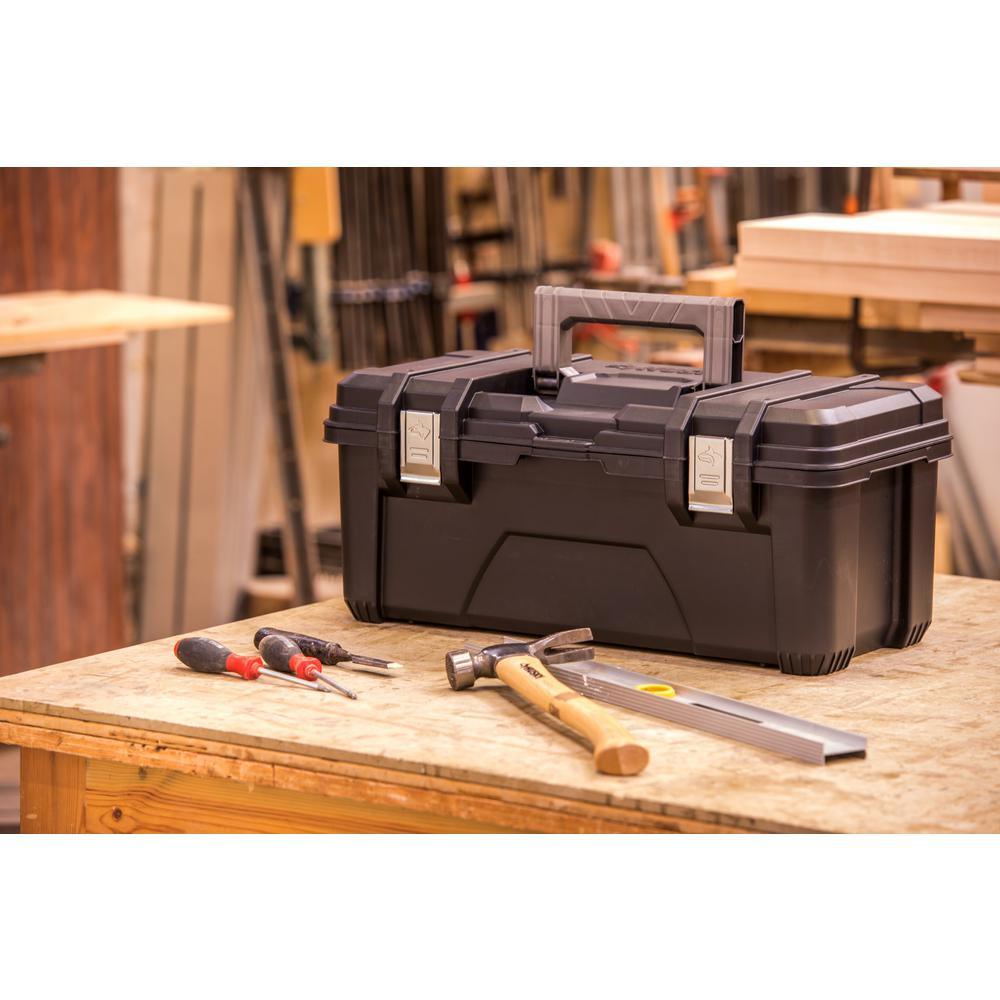 26 in. Plastic Portable Tool Box with Metal Latches in Black - Super Arbor