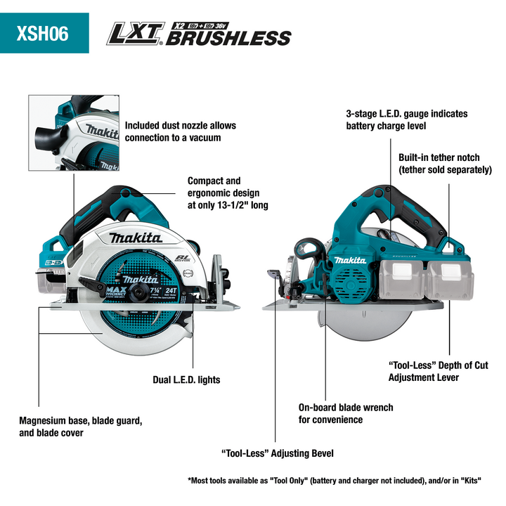 Makita 18V X2 LXT (36V) Brushless Cordless 7-1/4 in. Circular Saw, AWS Capable – Tool Only (XSH06Z)