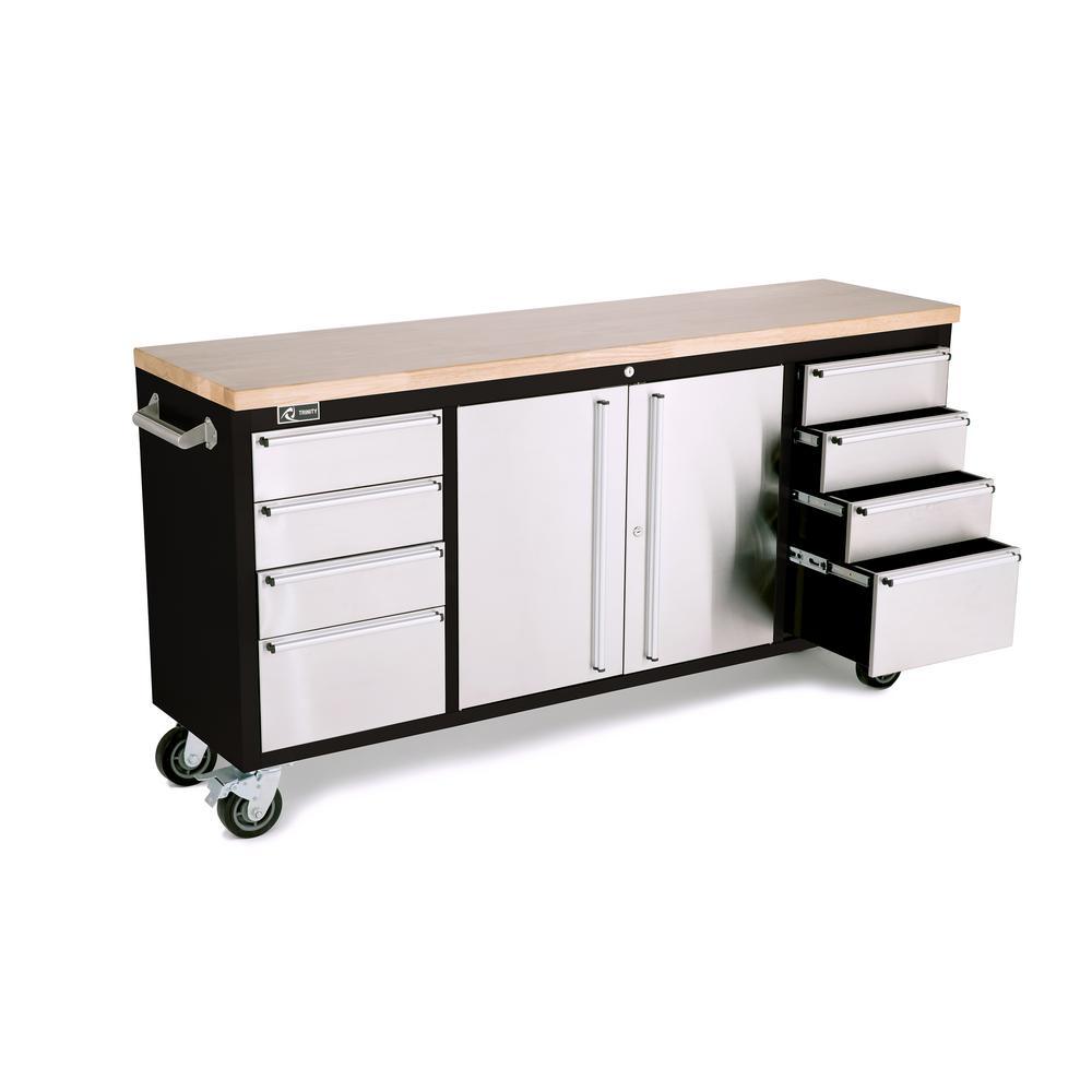 72 in. 8-Drawer Black Rolling Mobile Workbench with Stainless Steel Face - Super Arbor
