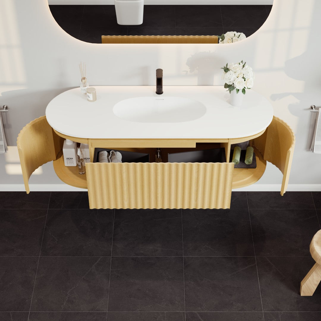 Eviva Haven 55"W x 22"D Natural Oak Wall Mount Bathroom Vanity with White Solid Surface Countertop and Integrated Sink