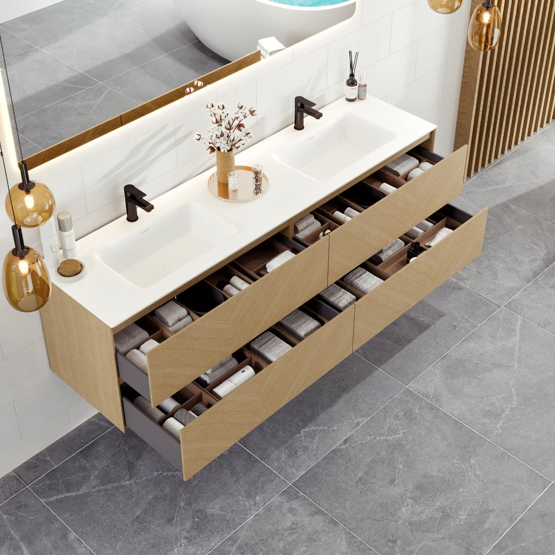 Eviva Lotus 59"W x 19"D Natural Oak Wall Mount Double Sink Bathroom Vanity with White Solid Surface Countertop and Integrated Sinks