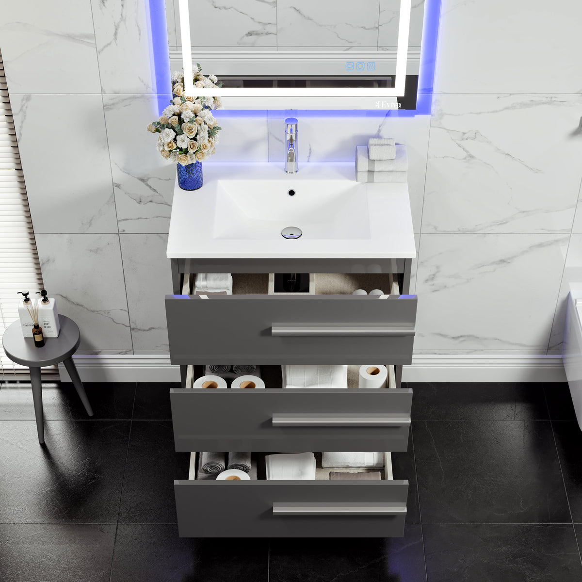 Eviva Deluxe 32 in. W x 18 in. D x 34 in. H Single Freestanding Bath Vanity in Gray with White Porcelain Integrated Sink Top