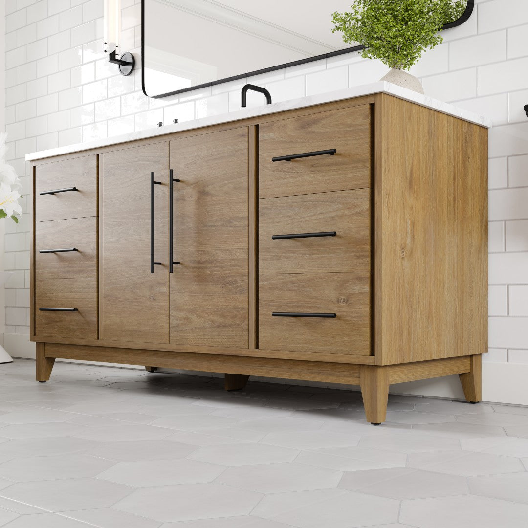 Eviva Graham 60"W x 22"D Oak Bathroom Vanity with White Arabescato Engineered Stone Countertop and Undermount Ceramic Sink