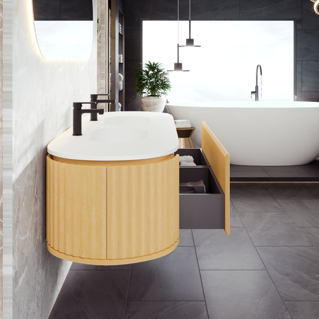 Eviva Haven 71"W x 22"D Natural Oak Wall Mount Double Sink Bathroom Vanity with White Solid Surface Countertop and Integrated Sinks