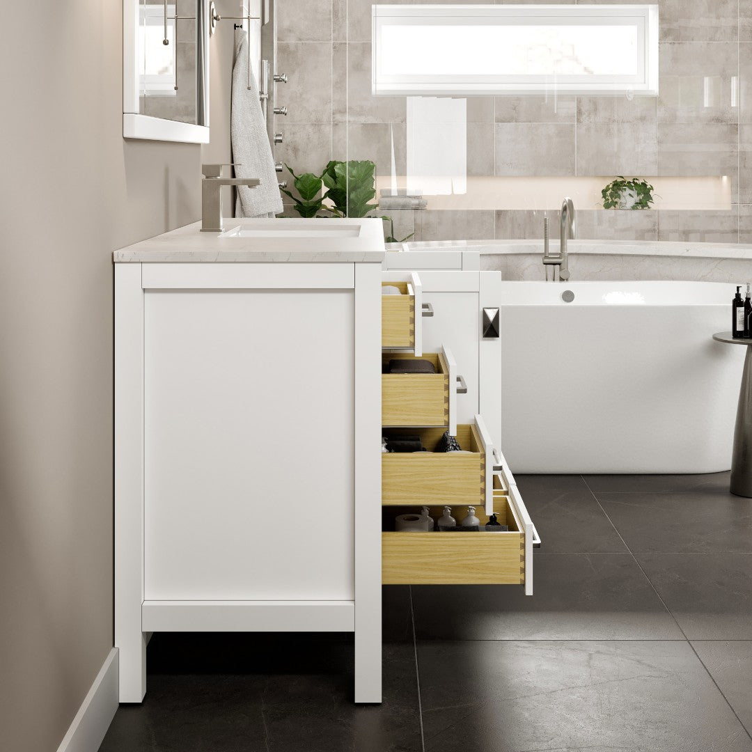 Eviva London 54"W x 18"D White Bathroom Vanity with White Carrara Quartz Countertop and Undermount Porcelain Sink