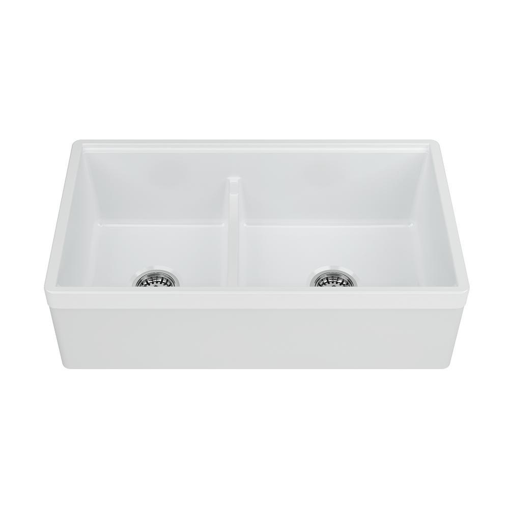 Yorkshire Farmhouse Fireclay 33 in. 55/45 Double Bowl Kitchen Sink with Cutting-Board, Grid and Strainer in White - Super Arbor