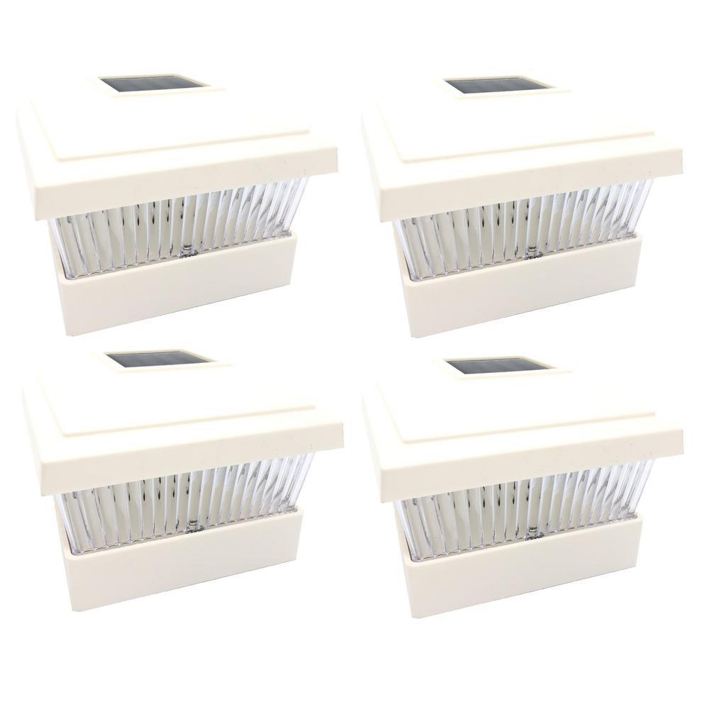 Relightable Solar 5 in. x 5 in. White Vinyl Outdoor Post Cap Deck Lights (4-Pack) - Super Arbor