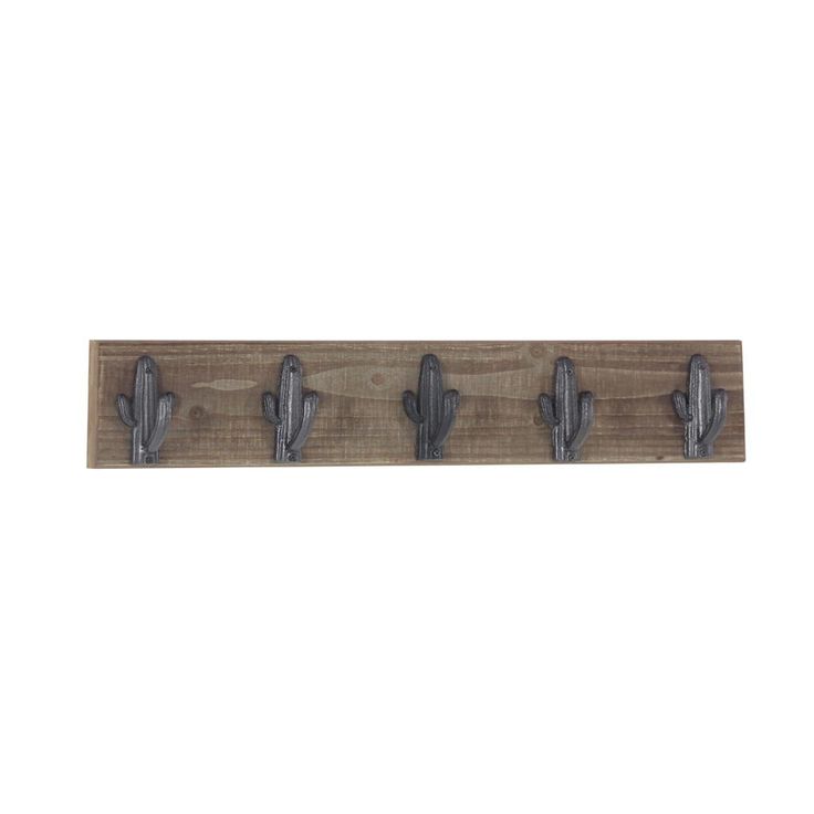 Brown Wood Wall Hook Rack with Black Iron Cactus Hooks