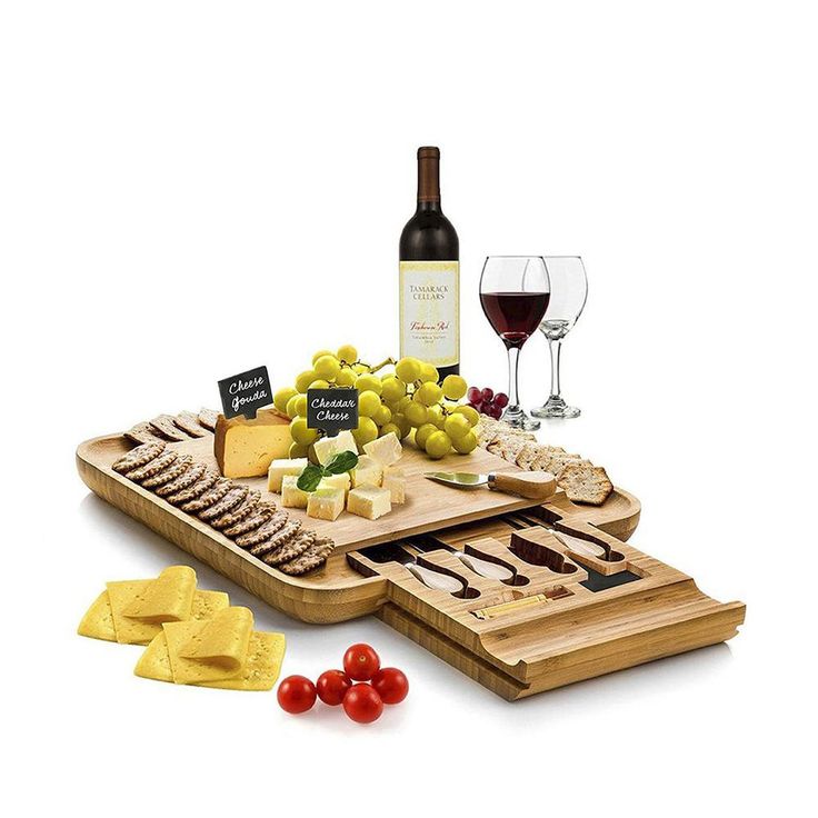 Bamboo Cheese Board and Cutlery Set with Slide Out Drawer
