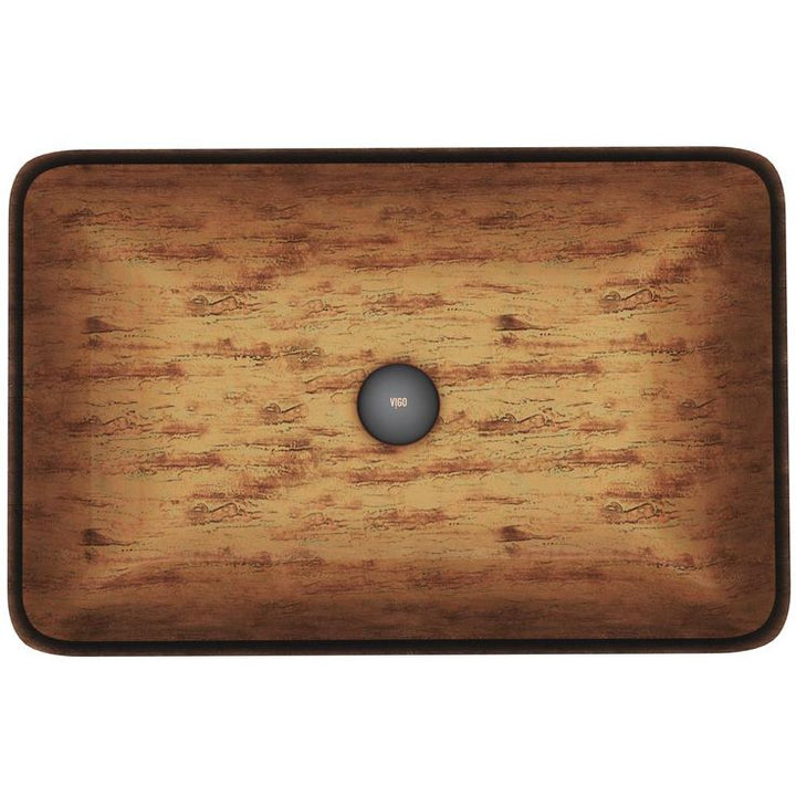 VIGO Amber Sunset Handmade Countertop Glass Rectangle Vessel Bathroom Sink in Light Wood