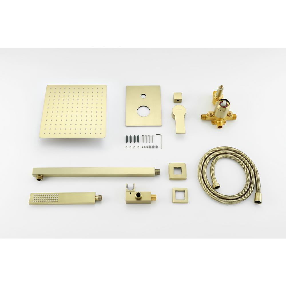1-Spray Patterns with 2.66 GPM 10 in. Wall Mount Dual Shower Heads with Rough-In Valve Body and Trim in Brushed Gold - Super Arbor