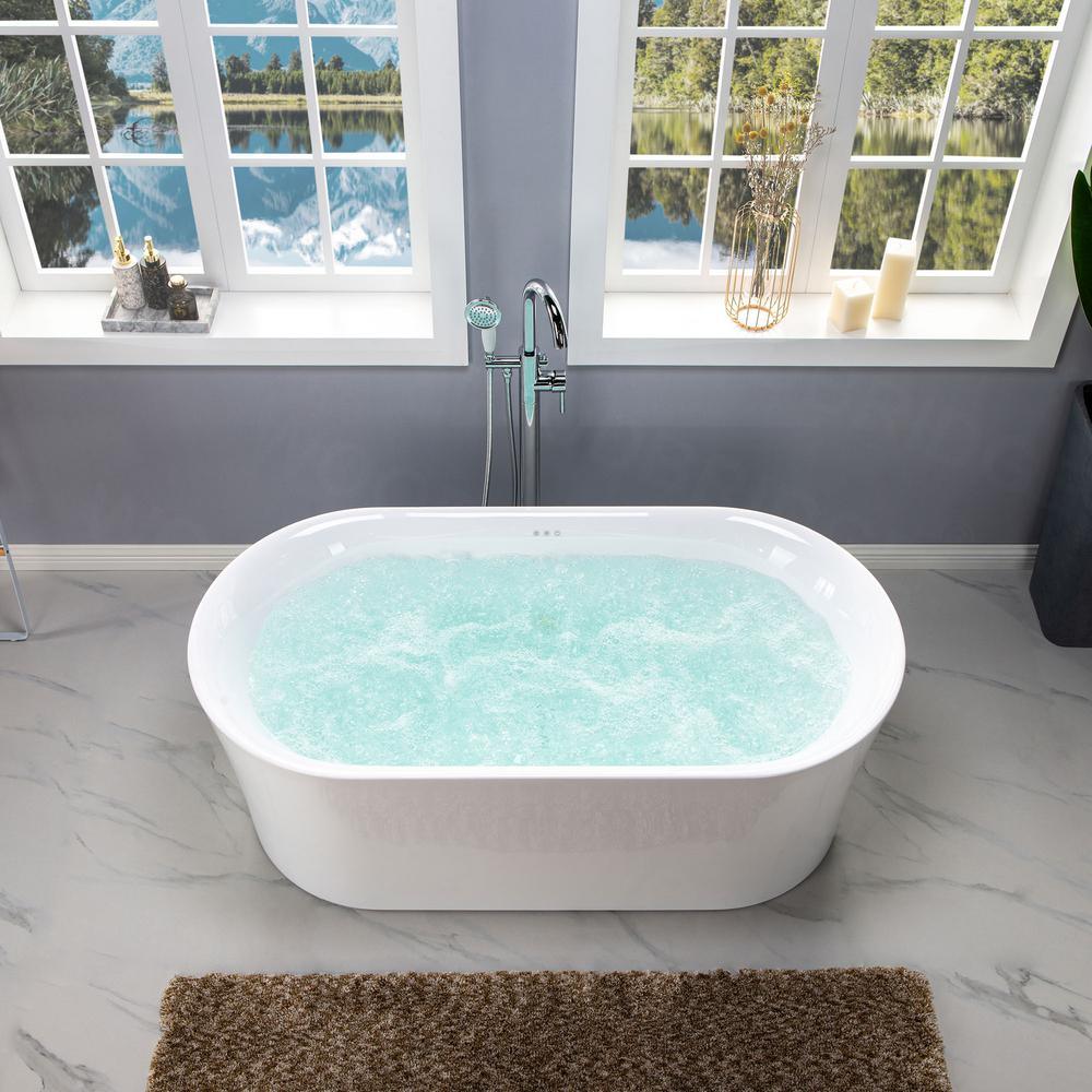 Tion 59 in. Acrylic Freestanding Double Ended Air Bath Bathtub with Drain and Overflow Included in White - Super Arbor