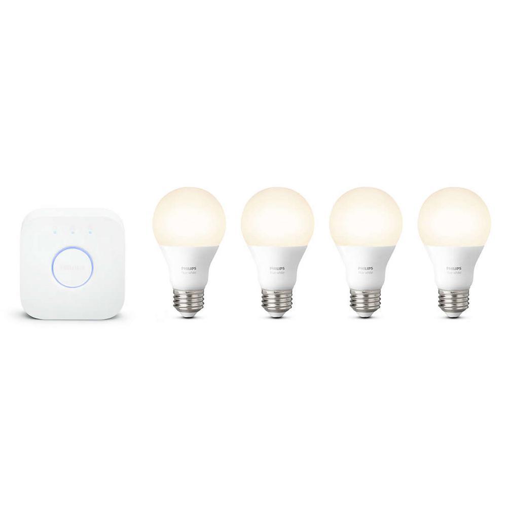 White A19 LED 60W Equivalent Dimmable Smart Wireless Lighting Starter Kit (4 Bulbs and Bridge)