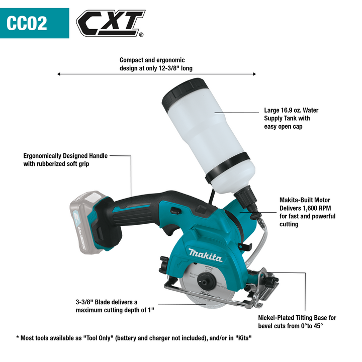 Makita 12V max CXT Lithium‑Ion Cordless 3-3/8 in. Tile/Glass Saw Kit (CC02R1)