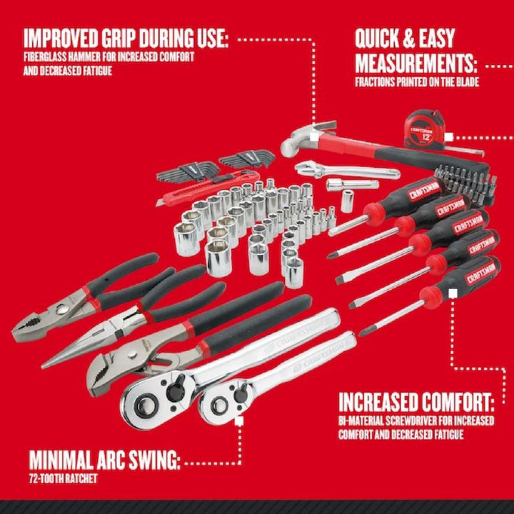 CRAFTSMAN 2000 Series 52-in Wide 10-Drawer Rolling Tool Cabinet (Red/Black) + 102-Piece Household Tool Set with Hard Case
